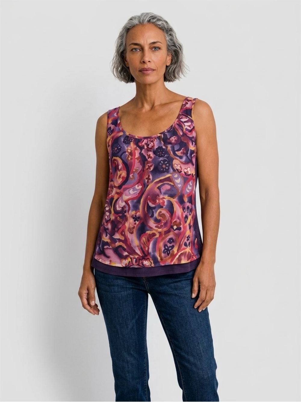 Coldwater Creek Purple Paisley Layered Tank Top L Scoop Neck Stretch Cami EUC